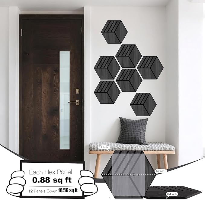 Mollywell Hexagon Acoustic Panels, Black Oak S4, 14x12x0.4 Inch, 12 Pack |Wood Veneer|High Density Sound Proofing Wall Panels|Self Adhesive Sound Dampening Felt Wall Tiles|Home Theater|Gaming Room|