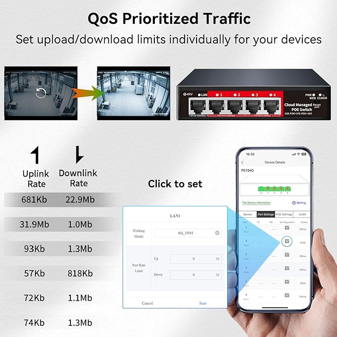 STEAMEMO 5 Port PoE+ Switch | Easy Smart Managed Ethernet Switch | Support VLAN, QoS | 52W Total PoE Budget | Fanless Metal | Plug & Play (Desktop/Wall Mount)