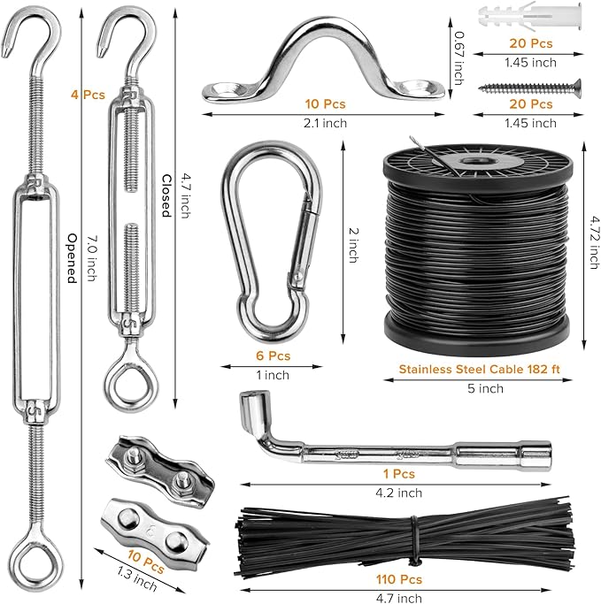 Belio String Light Hanging Kit, Stainless Steel Cable for Outdoor Lights, 182 FT Wire Rope Cable Turnbuckle and Hooks, Globe String Light Suspension Kit