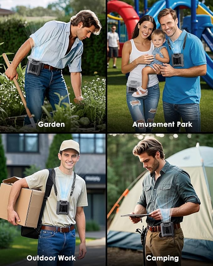Portable Waist Fan Clip on, Personal Wearable Belt Fan 10000mAh Rechargeable Battery Under Shirt,5 Speeds with light, Neck Fan Hands-Free Cooling For Outdoor Camping Travel (Grey)