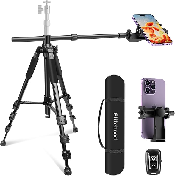 Elitehood Ultra-Stable Overhead Tripod for iPhone – Heavy Duty Aluminum iPhone Tripod Stand, 360°Adjustable & 25in Horizontal Long Phone Arm, Tall Phone Holder Stand Mount for Recording