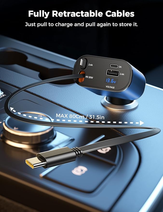 【Upgraded】 SUPERONE Retractable Car Charger 4 in 1, Fast Car Phone Charger with Cord 2.6ft, USB C and Apple Car Charger Adapter, Compatible with iPhone 16 15/15 Pro Max/14/13/12/11, Galaxy, Pixel
