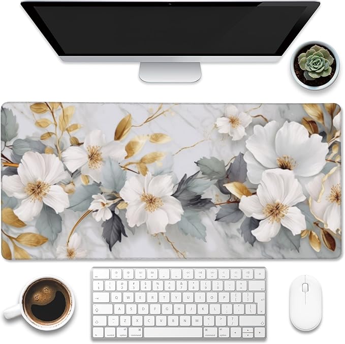 Desk Mat,White Gold Marble Desk Pad,White Flowers Golden Leaves Large Gaming Mouse Pad for Desk,Extended Big Computer Keyboard Mouse Pad with Non-Slip Base and Stitched Edge,35.4"x15.7"