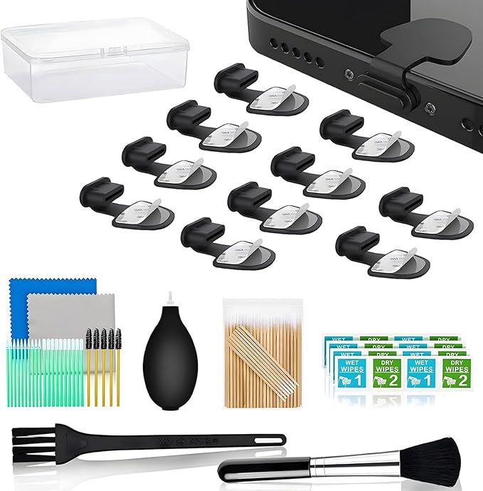 10 PCS USB Type C Anti Dust Plugs Cover, C-Type Port Dust Plug, Anti-Lost USB C Charging Port Dust Covers Protectors for 15 16 Plus Pro Max, Samsung, with Digital Product Cleaning Kit