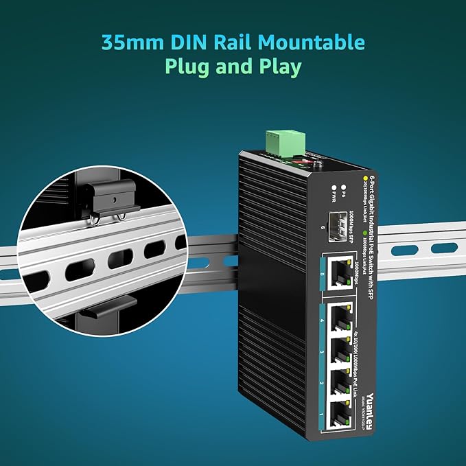 YuanLey 6 Port Industrial Switch with 4 Port PoE Gigabit, 1 1000Mbps Uplink, 1 SFP Port, Unmanaged Din-Rail PoE Switch with 66.25W Power Adapter, Support IEEE802.3af/at, VLAN & Loop