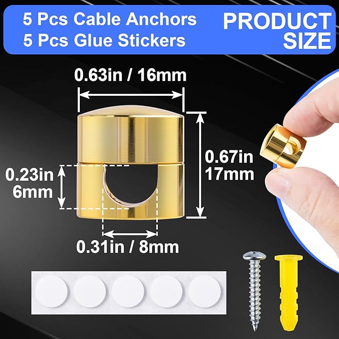 5 Sets Charger Holders for Cords, Gold Adjustable Cable Anchor Holders, Adhesive Metal Cord Clips, Cable Management Wire Organizers for Desk, Office, Nightstand