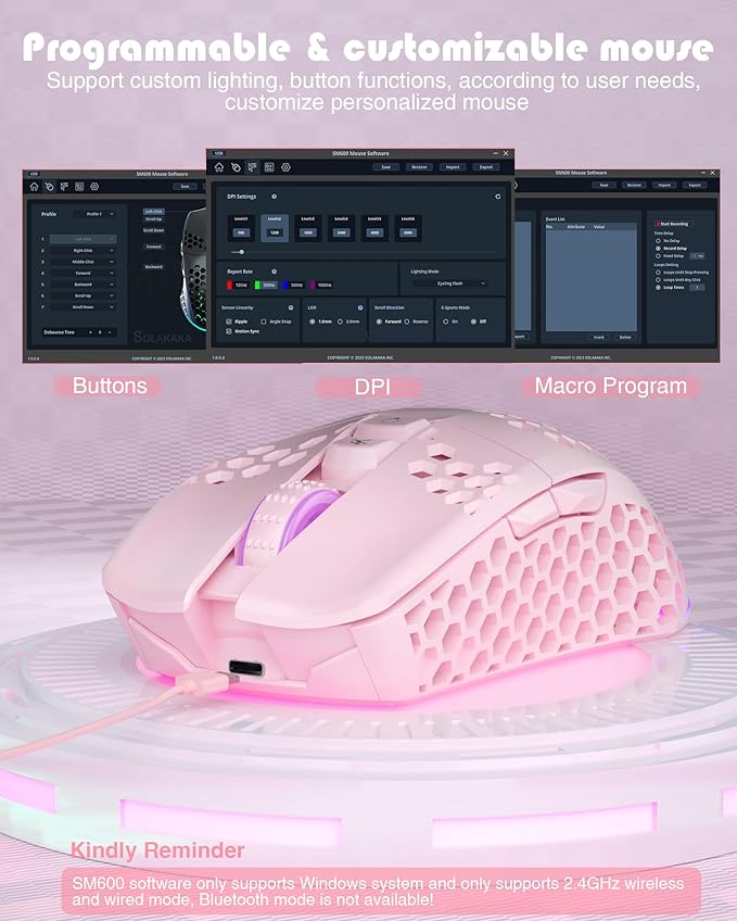 SM600 Pink Wireless Gaming Mouse with Honeycomb Shell, Side Buttons,Tri-Modes(BT5.1+BT5.1+2.4GHz) Lightweight RGB Wireless Mouse for PC/Tablet/Desktop/Office/Games