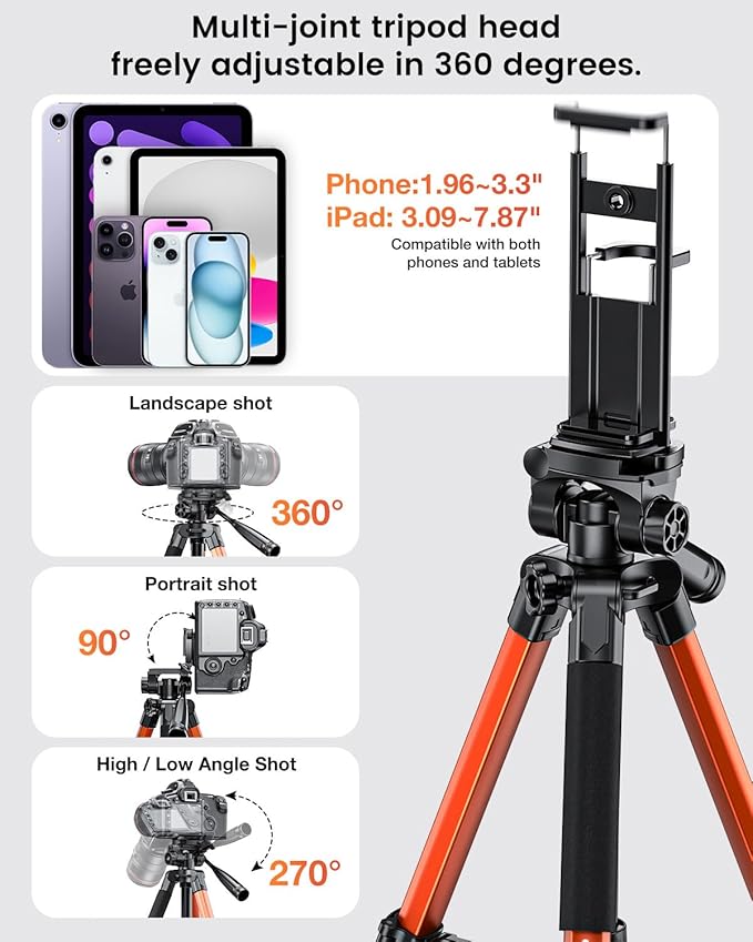 73" Camera Tripod and Monopod, Professional Aluminum Tripod Stand for Mirrorless Camera/DSLR/Cell Phone/Camcorder/GoPro, with Phone Holder and Travel Bag (Burnt Orange)