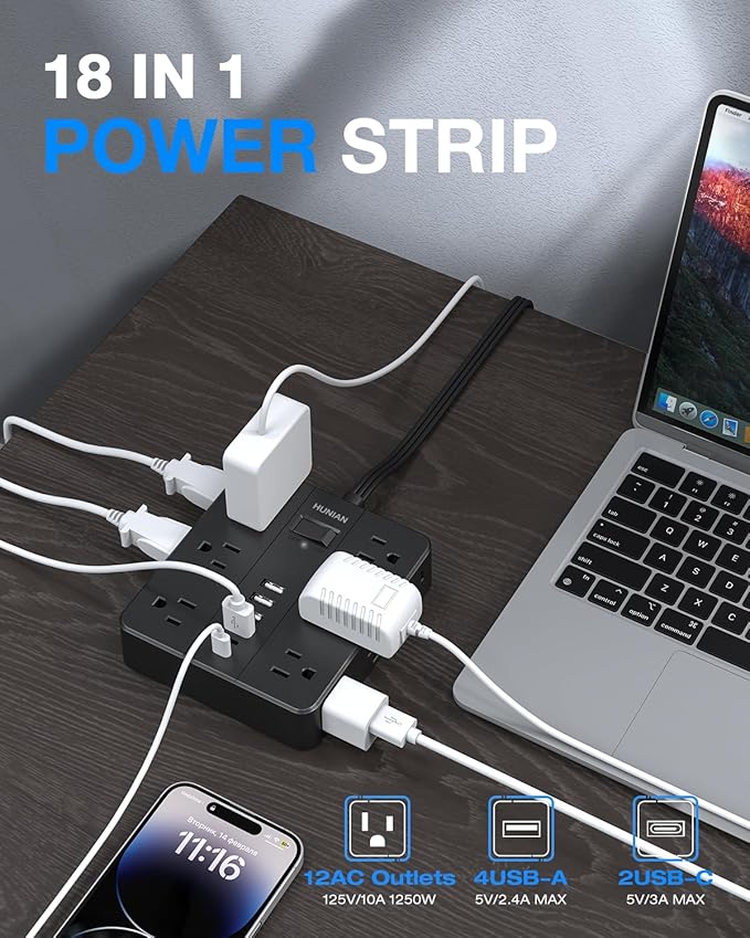 Surge Protector Power Strip 15 Ft Cord, HUNIAN Flat Plug Extension Cord with 12 Widely Spaced Outlets 6 USB Charger (2 USB C Ports), Desk Charging Station for Home Office Supplies, Dorm Room, Black