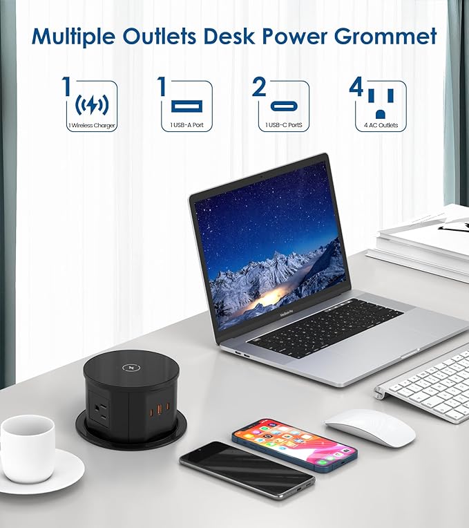 Pop up Outlet for Countertop with Wireless Charger,45W USB C Port, 4.7'' Diameter Round Pop Up Counter Outlet with AC Outlets,USB Ports,Hidden Outlet,Pop Out Outlet