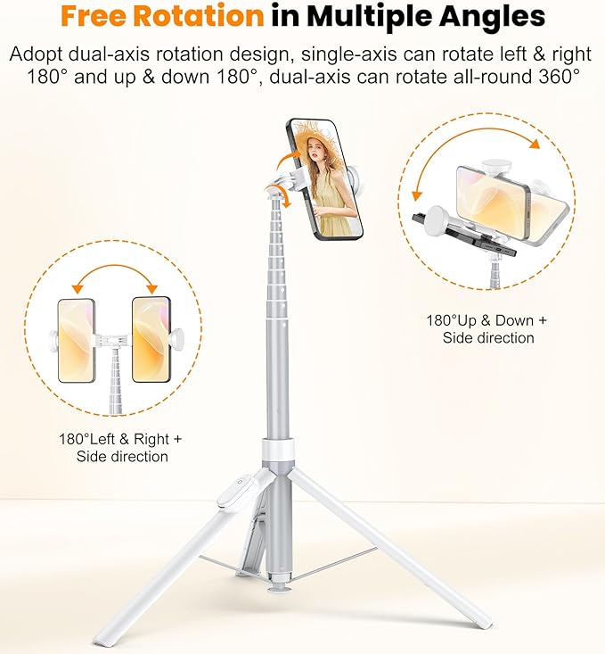 TONEOF 70" Automatic Tripod,Auto-Open Phone Stand with Magnetic Rechargable Remote,Selfie Stick 360° Vertical & Horizontal Rotatable,Stable Travel Tripod for iPhone/Android(White)