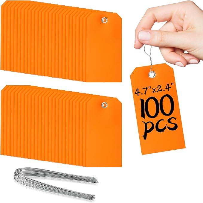100 Pcs Marking Tags with String Rectangle Plastic Hang Tags Waterproof Orange Tags Wire Tags Write On Tie On Labels Tags for Auto Parts Luggage Garage Inventory DIY Price (Orange, 4 3/4" x 2 3/8")