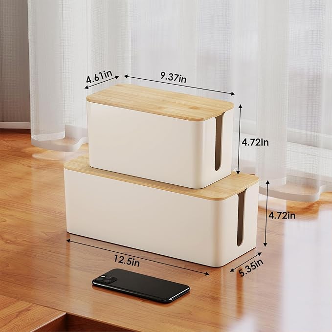 DELAMU 2 Pack Cable Management Box, Safe ABS Wood Grain Desk Medium and Small Cord Organizer, Baby Pet Proof Lock Cord Box Hider for USB Hub TV Wires Computer Desks and Power Strips