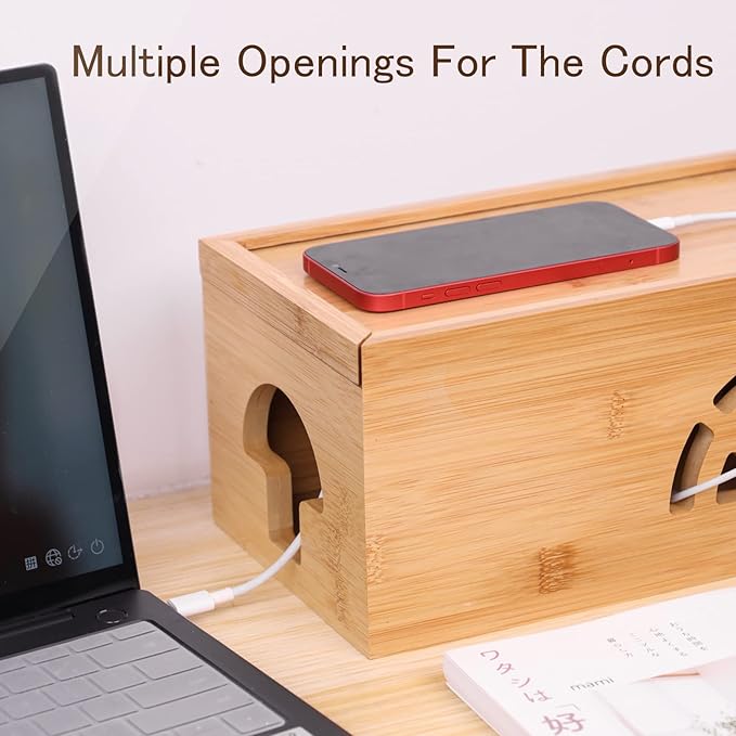 Extra Large Cable Management Box with Lid, Bamboo Cable Box for Cords, Power Strips or Surge Protectors, Hide Loose Wires Behind TVs, Home, Computers, Office Desks by HTB