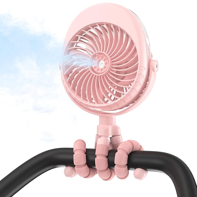 2025 Upgarded 4000mAh Misting Baby Stroller Fan, Rechargeable Battery Operated,Max 15Hrs Cooling,50ml Portable Water Sprayer Misting Fan with Flexible Tripod Clip on Car Seat Crib Treadmill Bunk Bed