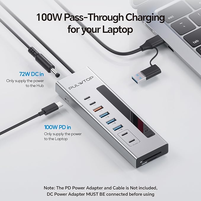 Powered USB C Hub, PULWTOP 11-in-1 USB Hub with SD/TF, 2*USB-C 10Gbps, 4*USB-A 5/10Gbps and 2 * 24/45W Type-C PD Charging Ports (Not Support Video), USB Powered Hub (72W DC Adapter Included)