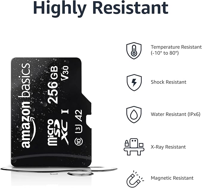 Amazon Basics Micro SDXC Memory Card with Full Size Adapter, A2, U3, Read Speed up to 100 MB/s, 256 GB, Black