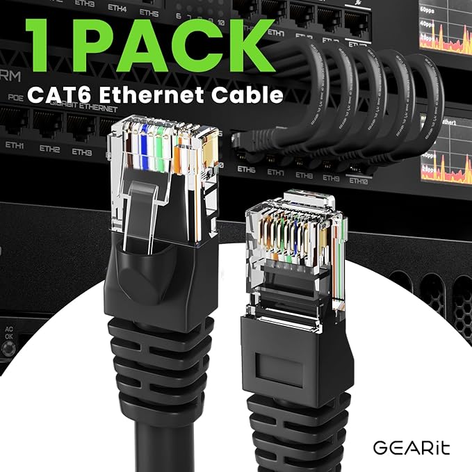 GEARit Cat 6 Ethernet Cable Pack Ð 1-Pack 20 ft Cat6 Ethernet Patch Cables | RJ45 Network Patch Cable, 10 Gbps Snagless Gold-Plated Connectors Ð Ethernet Cable Cat 6 for PC, TV, Router Ð Black
