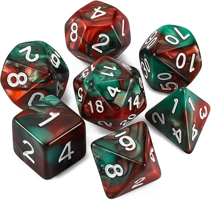QMAY DND Dice Set - Polyhedral Dice (Red Mix Green) 7 Pcs for Dungeon and Dragons D&D RPG Role Playing Games Dice with Dice Bag