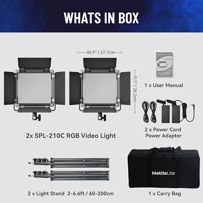 Mettlelite SPL210C Light Kit 2 Packs, RGB LED Video Light with APP Control, 360° Full Color RGB, 2800K-8000K, CRI/TLCI 97+, 10 Scenes, Photography Studio Light Kit with Light Stand for Photo and Video