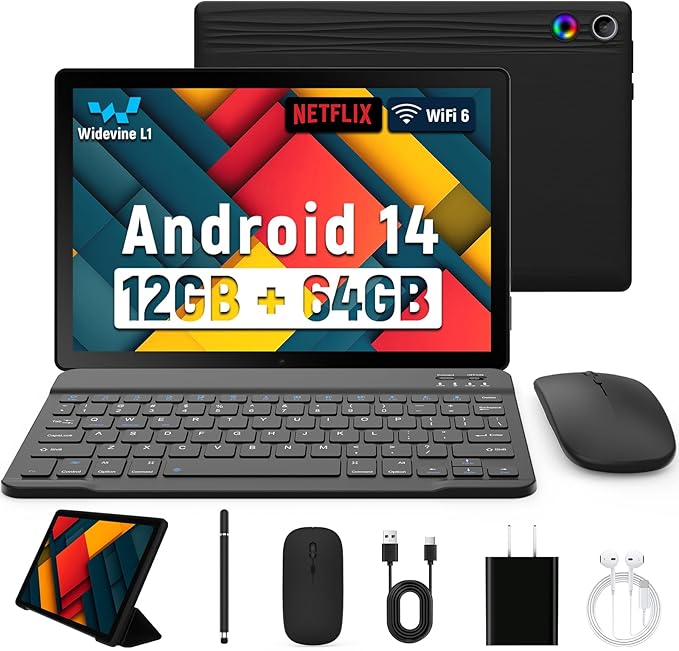 Latest 2025 Upgraded Android Tablet 10.1 Inch with IPS HD Touch Screen, Dual Camera, 64GB Storage 1TB Expansion, 8 in 1 Tablets Kit with Keyboard, Protective Case, Mouse, Stylus, BT 5.4, WiFi 6