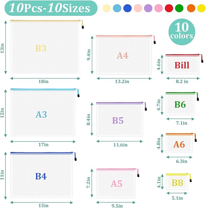 10pcs Mesh Zipper Pouch Bags, 10 Sizes Zipper Bags for Organizing, Mesh Bags with Zipper, 10 Colors Plastic Zipper Pouches, Puzzle Bags, Board Game Storage Bags, Travel Pouch