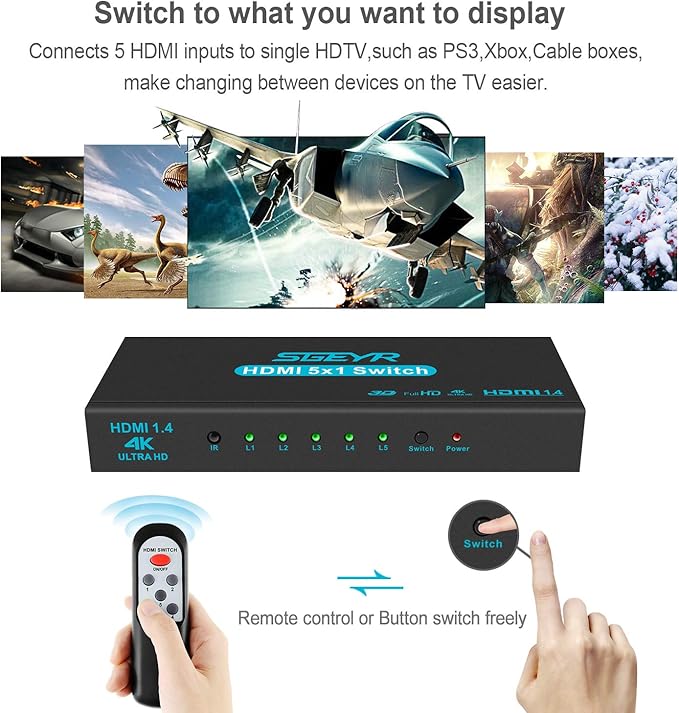 HDMI Switch SGEYR 5x1 HDMI Switcher 5 in 1 Out HDMI Selector 5 Port Box with IR Remote Control HDMI 1.4 HDCP 1.4 Support 4K@30Hz Ultra HD 3D 2160P 1080P