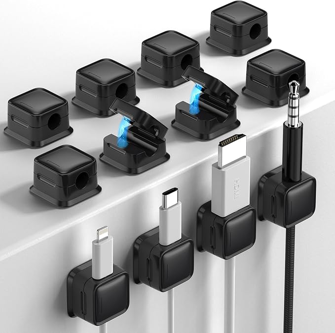 12 Pack Magnetic Cord Organizer Holder, Strong Adhesive Desk Cable Management, Easy Open, Organize Phone Charging Cords, Wire Holder, Neatly for Home, Office, Car, Desk, Nightstand - Black