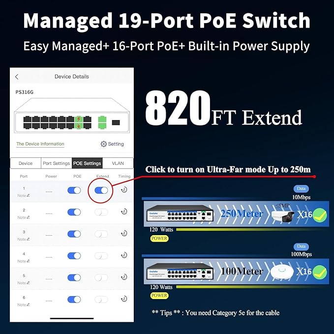 19-Port Ethernet PoE Switch, 16 PoE+ Ports @240W, 2 Uplink Gigabit Ports + 1 Combo SFP Slots, Easy Smart Managed Ethernet Switch, Metal Plug and Play, AI Extend &Vlan, Fanless, Overload Protection