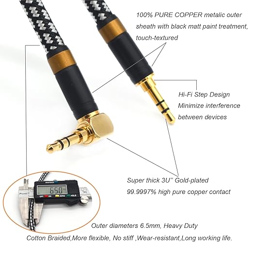 Aux Cord, Audiophile 3.5mm Stereo Audio Cable [2m (6.5Feet), Silvered-Plated Copper core, Right Angle] Unbreakable and Great for Phone, Laptop, Tablets,Headphones, Cars and More.