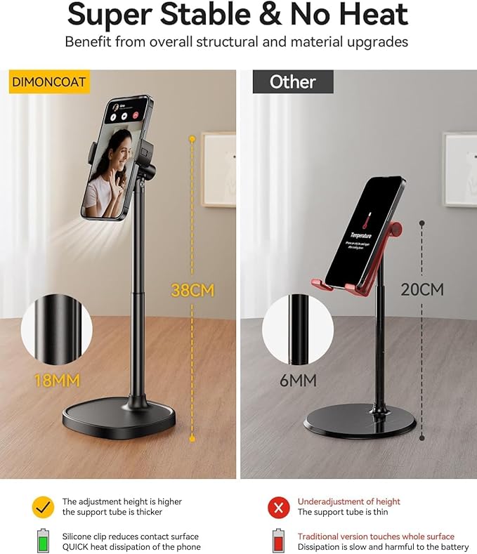 DIMONCOAT Phone Stand for Desk, Angle Height Adjustable Phone Holder for Desk, Aluminum Alloy Universal iPhone Holder, Retractable Cell Phone Stand Recording Office for iPhone 16 15 Pro Max Plus
