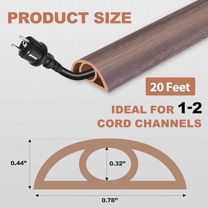 Floor Cord Cover for Wires on Floor Self Adhesive Cord Hider Floor Cable Management Wire Covers for Cords Protector Prevent Cable Trips Cord Cavity W 0.32" x H 0.32", Grayish Brown Wood, 20Ft