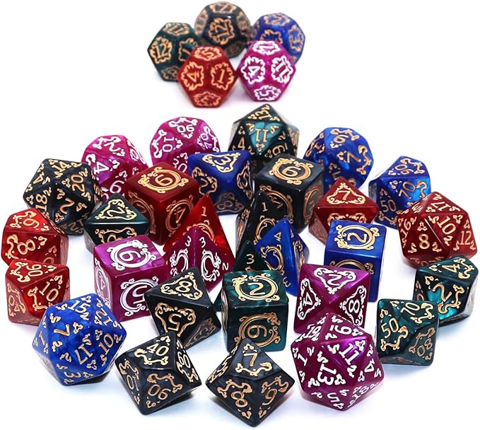 Polyhedral DND Dice Set, 5 Pack Vintage Dragon-Patterned Dice Sets Compatible with Dungeons and Dragons D&D RPG Games,35 Pieces (5 Colors with Black)