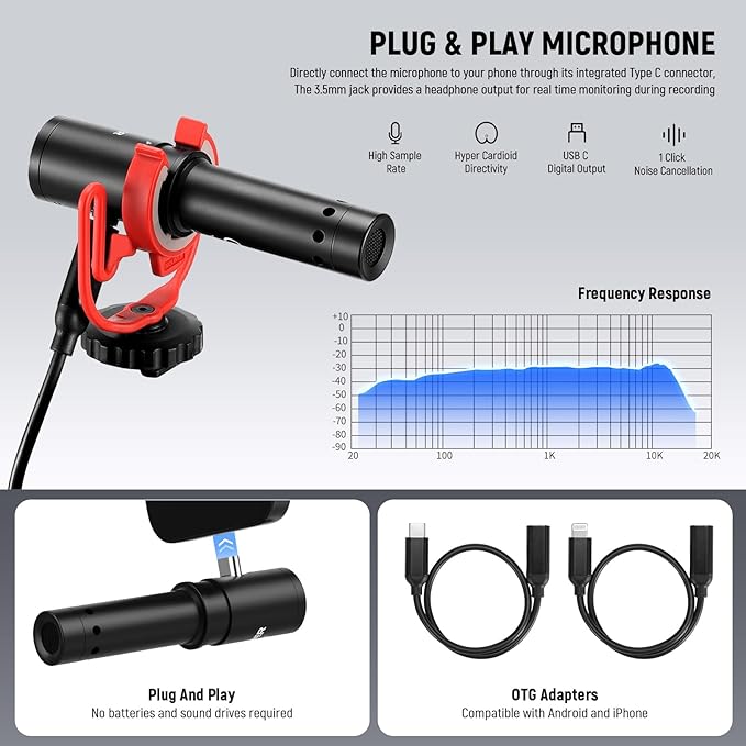 NEEWER Phone Vlogging Kit, Content Creator Essentials Kit for YouTube with LED Light, Selfie Stick Travel Tripod, Flexible Soft Tube, USB C Cardioid Microphone for iPhone, Android, Podcast, PA045