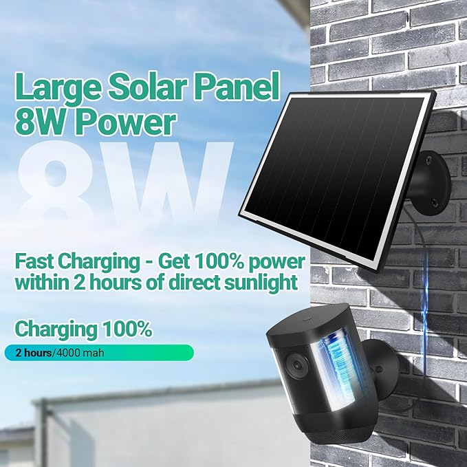 Solar Panel for Ring Camera, 8W High - Efficiency Solar Charger, Compatible with Stick Up Cam & Spotlight Cam (Battery) - Waterproof, 16ft Long Cable, USB-C & DC5V Ports, Sleek Black Finish
