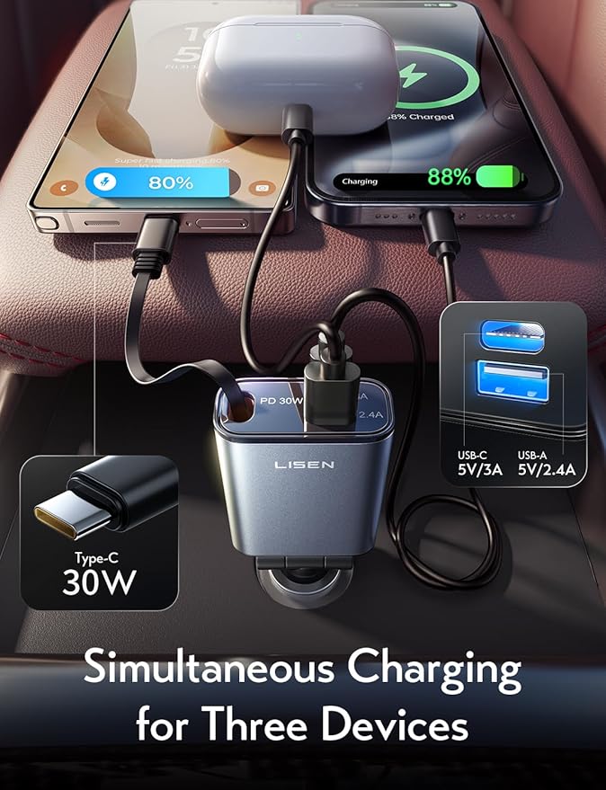 LISEN iPhone 16/15 Car Charger USB C Fast Charging Retractable,【60% Less Space,Mini】 57W Fast iPhone 16/15 USBC Type C Charger for 17 iPhone 16 15 Pro Max Plus，Samsung Galaxy S25/24 Z，Android