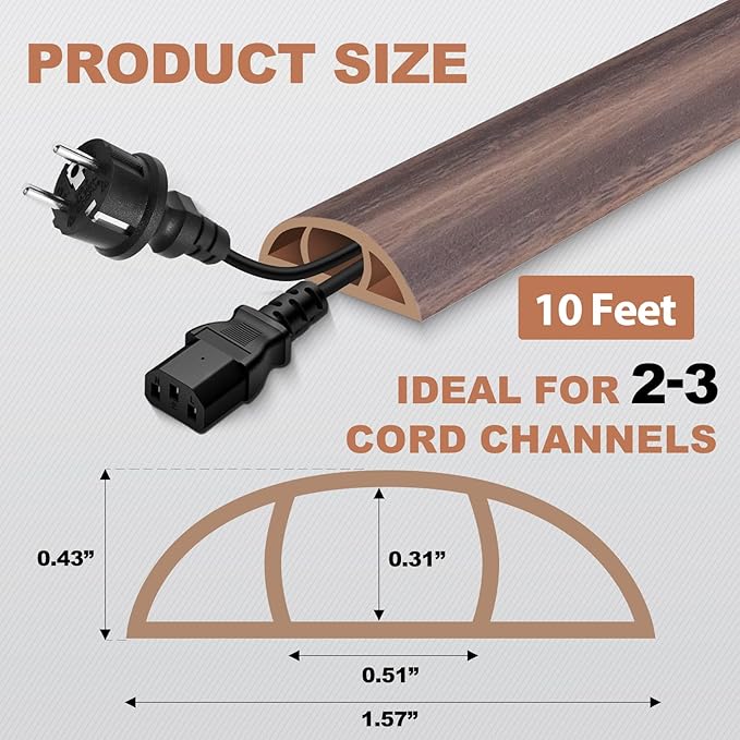 Floor Cord Cover for Wires on Floor Self Adhesive Cord Hider Floor Cable Management Wire Covers for Cords Protector Prevent Cable Trips Cord Cavity W 0.51" x H 0.31", Grayish Brown Wood, 10Ft