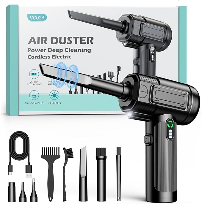 Compressed Air Duster: 100000RPM Electric Air Duster with LED Light Mini Air Blower Rechargeable Cordless Keyboard Cleaning Jet Dry Blower - Car, PC and Home Cleaning Kit Replaces Compressed Air Can