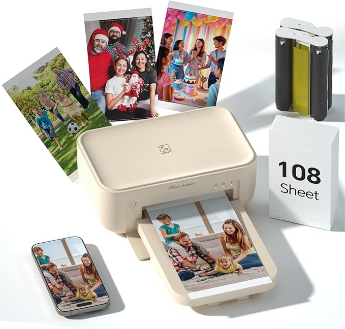 4x6 Photo Printer with 108 Sheets & 2 Ribbons - Dye Sublimation Wireless Portable Photo Printer for iPhone & Android Smartphones, Home & Travel Picture Printing, Ideal Gift, Beige