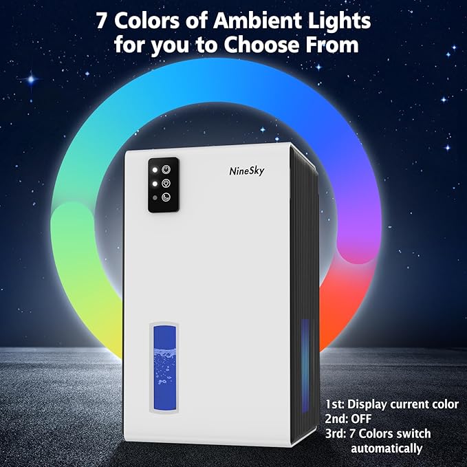 NineSky Dehumidifiers for Home, 95 OZ Water Tank, (1000 sq.ft) Dehumidifiers for Bathroom Bedroom Basement with Auto Shut Off,7 Colors LED Light(White)