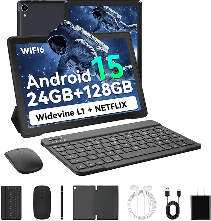 2025 Latest Upgraded Android 15 Tablet 10 Inch, 24GB+128GB+1TB Expand, WiFi 6 BT 5.4, Type-C Fast Charging, Dual Camera, Widevine L1 HD IPS Screen with Keyboard