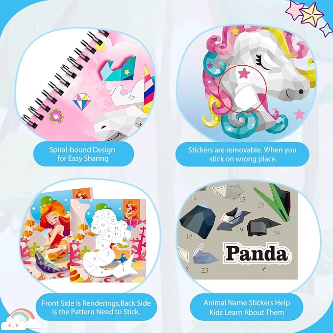 homicozy 3PCS Sticker Paint Books for Kids Ages 4-10,Unicorn Mermaid Animals Designs Paint by Stickers,Sticker by Numbers,Party Birthday Gifts for Girls 4-10,Create 30 Pictures One Stickers at A Time