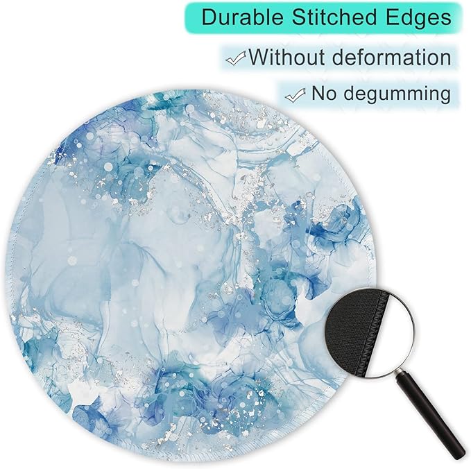 ITNRSIIET Round Mouse Pad with Stitched Edge Premium-Textured Waterproof Non-Slip Rubber Base Desktop Protection Mat Diameter 8.7 inches, Blue Abstract Marble