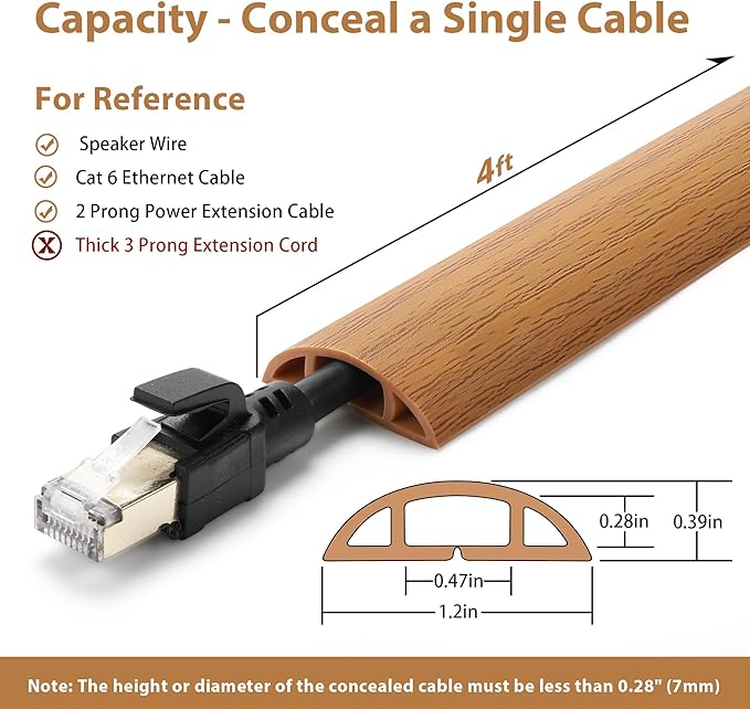 Floor Cord Cover 4ft, Cord Hider Floor Yellow Oak Wood, Cable Management Prevent Trips, Cable Cover Wire Covers for Electric Power Cords, Wire Protector Cavity W0.47in x H0.28in