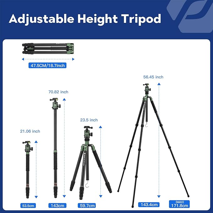 Fotopro 68" Camera Tripod for DSLR, Heavy Duty Compact Travel Tripod with Ball Head, Detachable Monopod with Quick Release Plate and Bag, Load up to 12KG/26.5lbs, Green