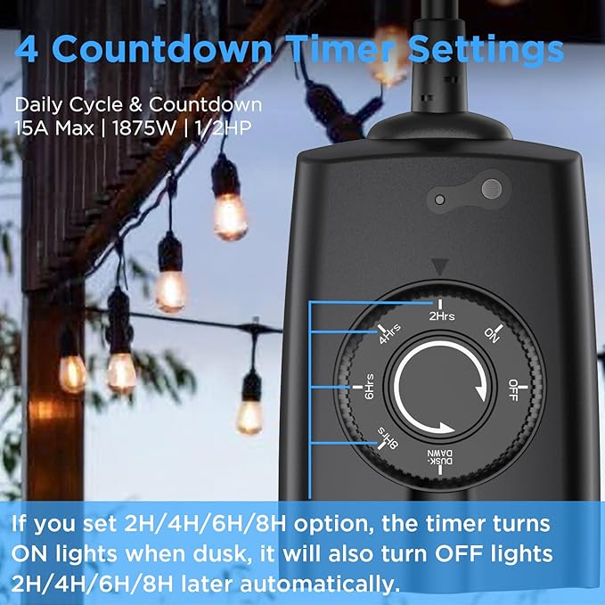 G-ELEK Outdoor Timer Outlet Waterproof, 24 Hour Outdoor Light Timer, Timers for Electrical Outlets, Ideal for Pool Pump, Christmas Lights, Heavy Duty, Grounded Outlets (Dusk to Dawn Sensor, 2 Pack)