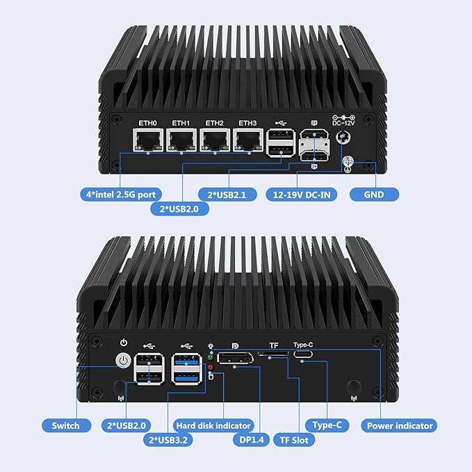 Firewall Micro Appliance Core N150,4xi226-V 2.5G Fanless Mini PC,DDR5,2*NVMe 2*SATA,6*USB,2*HDMI,Type-C,DP,Firewall Mini PC NAS Server