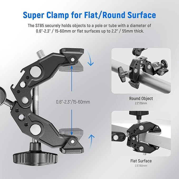 NEEWER Super Clamp with 3" Dual Ballhead Magic Arm, Ball Head Adapter, Cold Shoe, Phone Holder, Action Camera Clamp Mount for Flat/Round Surface Compatible with GoPro DJI iPhone 15 Pro Max, ST85