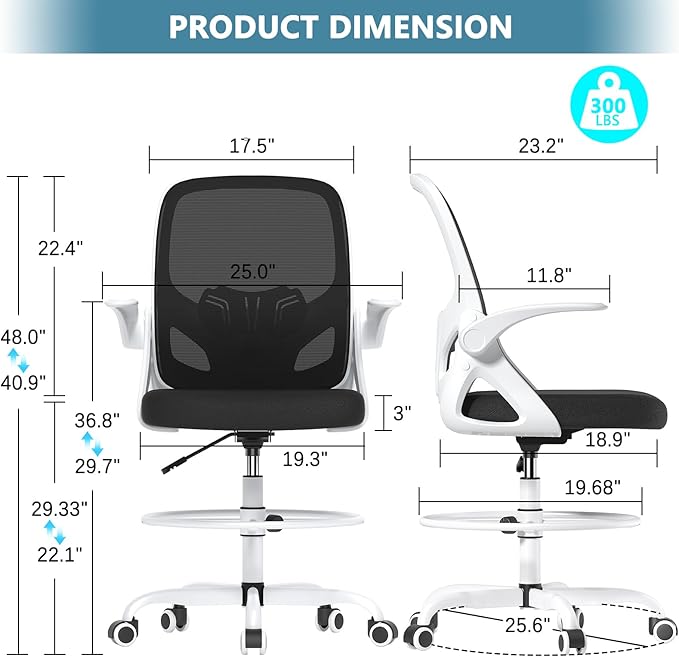 Tall Drafting Chair with Footrest Ring for Home and Work, Ergonomic Home Desk Office Chair with Flip up Arms and Lumbar Support, Extended Height Executive Desk Office Chair(White)