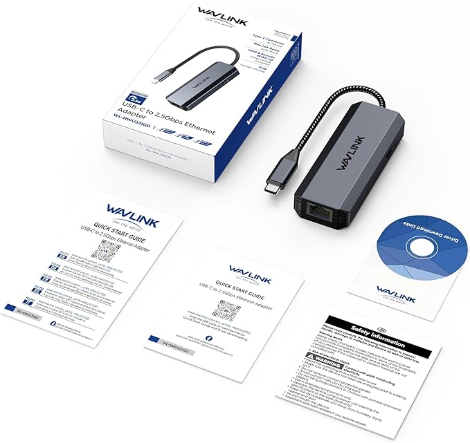 WAVLINK USB C to Ethernet Adapter 2.5 Gbps, USB to 2.5G Ethernet Adapter with 95W Power for Laptop, USB-C to RJ45 Network Converter (Thunderbolt 4/3 Compatible) for Windows, Mac OS, iPad OS and More
